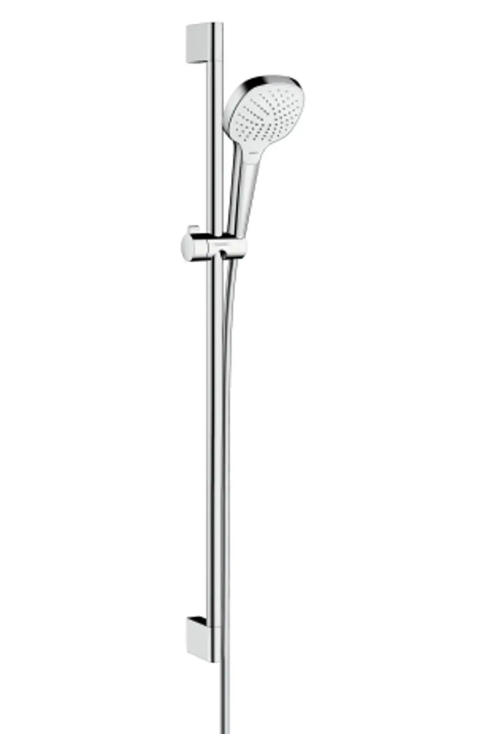 Brauseset von Hansgrohe mit verchromtem Duschkopf und verstellbarer Halterung, montiert an einer geraden Brausestange in Chromfarbe.